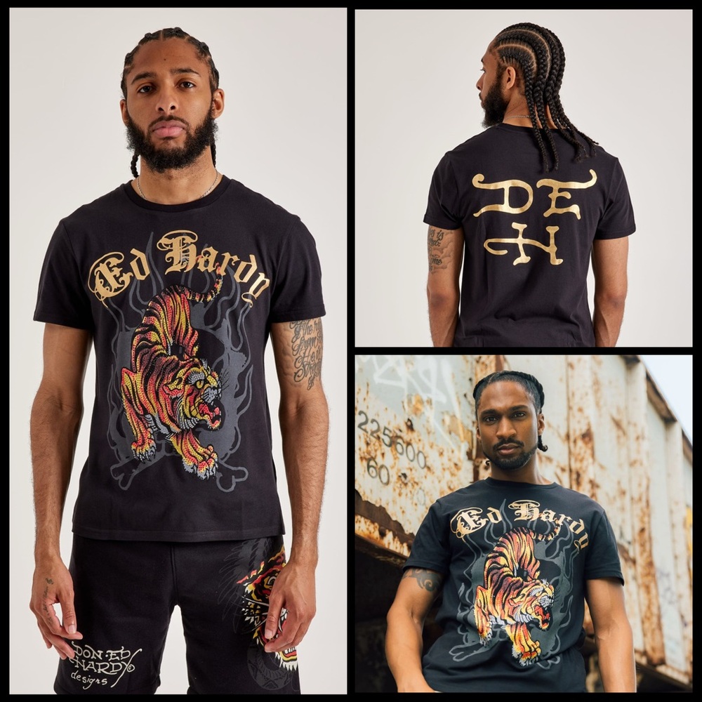 Ed Hardy NWOT Men’s Crawling Tiger Rhinestone Tee in Black Size Large Sold Out